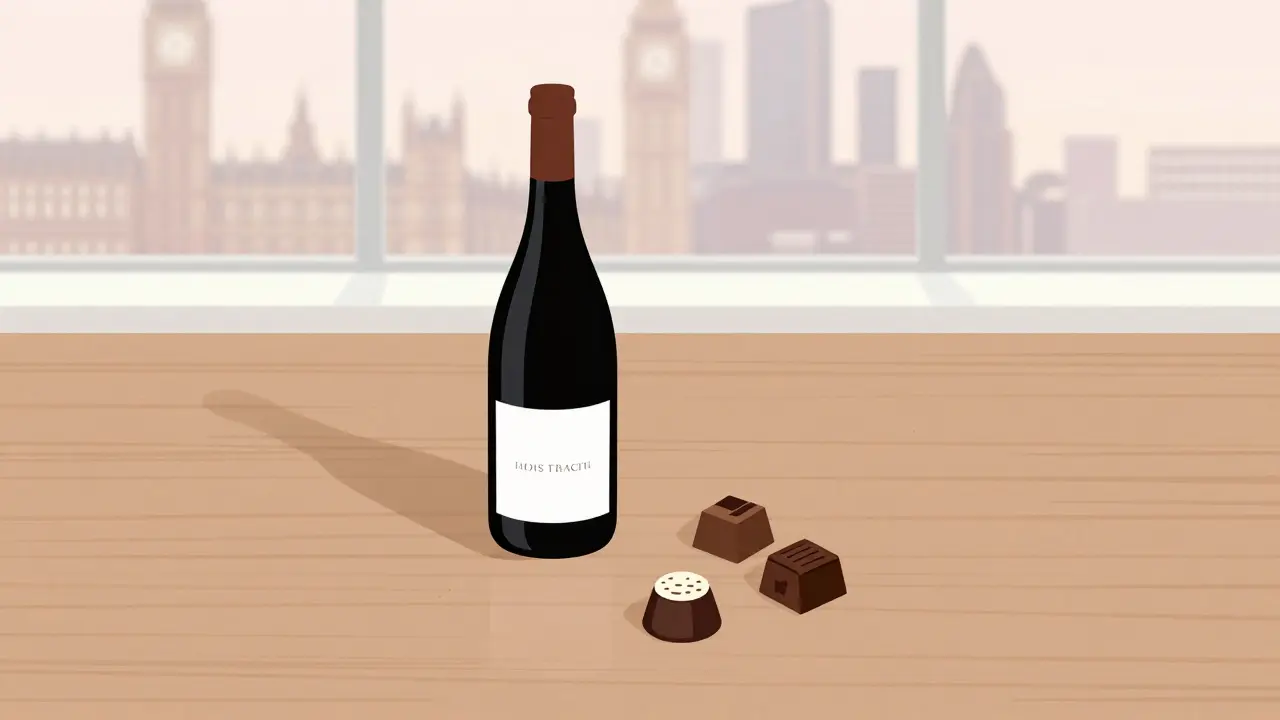 Wine and chocolates with London skyline background