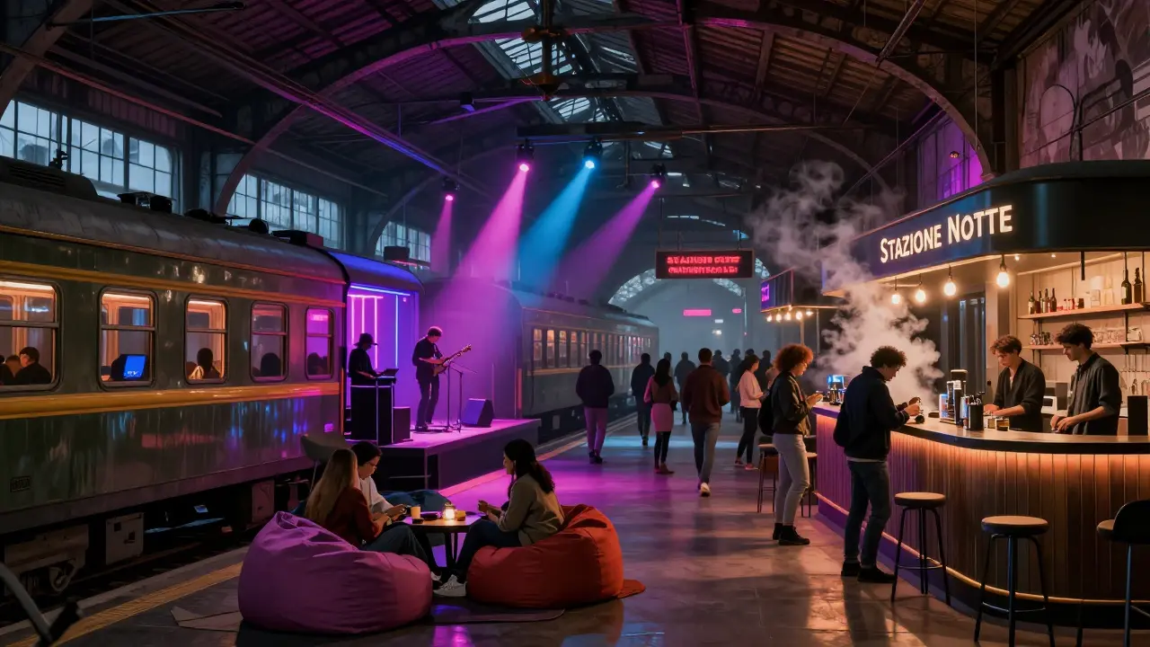 A converted train station turned nightclub in Milan with neon lights, vintage train cars, and a vibrant crowd mingling under string lights.