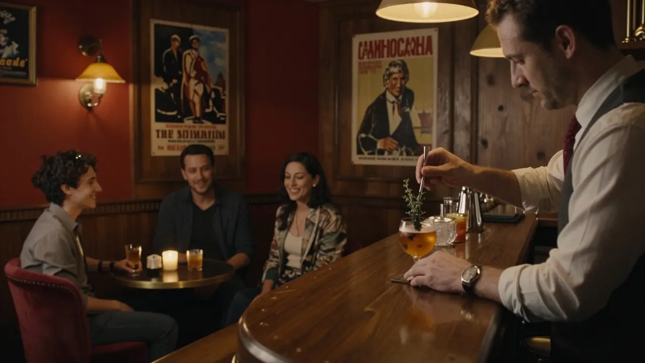 A cozy retro cocktail bar in Cihangir with warm lighting, vintage decor, and locals sipping artisanal drinks.