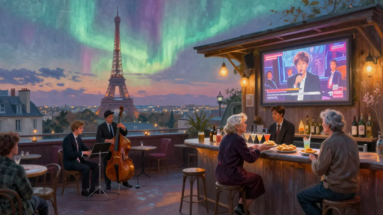 A dawn-lit Paris street blending jazz cellars, rooftop lounges, and community moments under glowing skies.