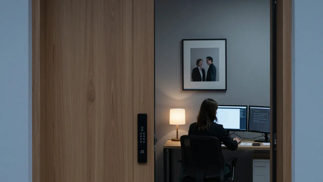 A discreet agency office in Brera with a secure keypad entrance and no visible advertising.