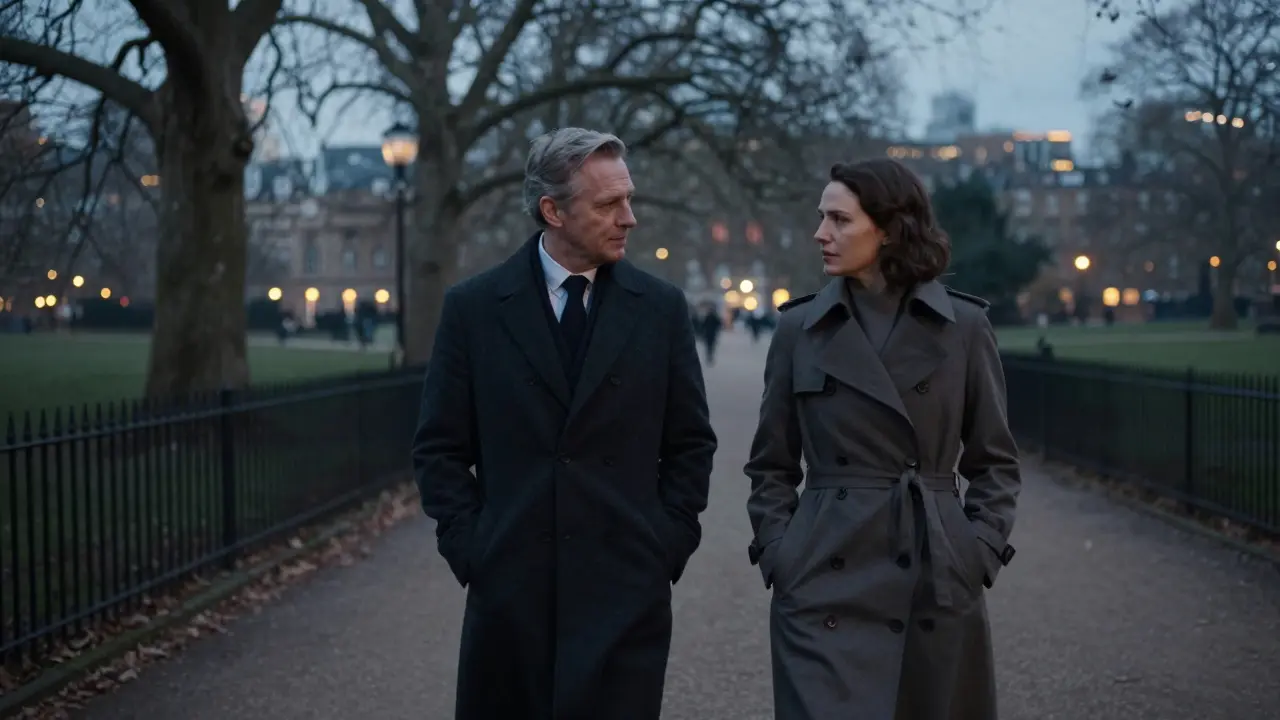 A gentleman and escort walk peacefully through Hyde Park at dusk, engaged in thoughtful conversation under soft city lights.