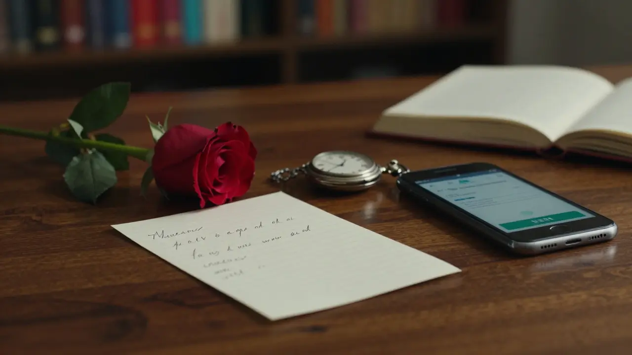A handwritten note and a single rose rest beside a smartphone showing a discreet payment, symbolizing respectful closure.