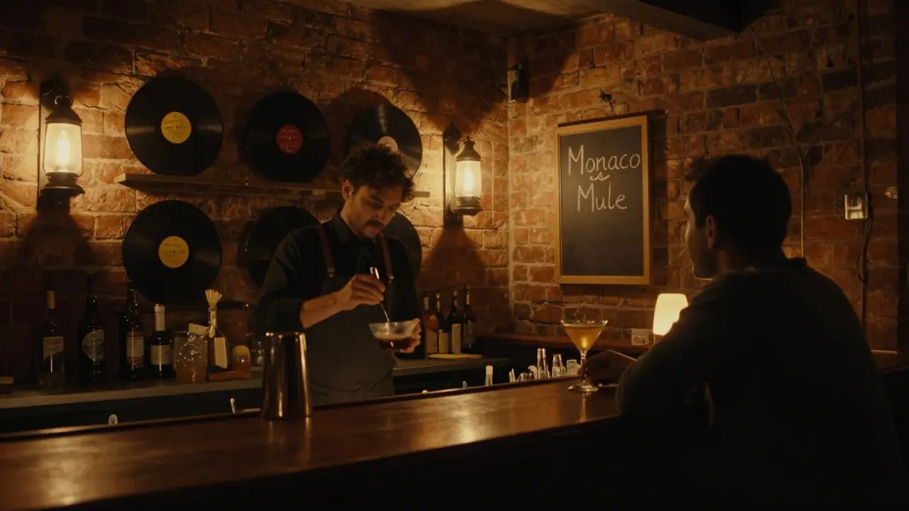 A hidden speakeasy bar with vintage decor and a bartender mixing a signature cocktail in low amber light.