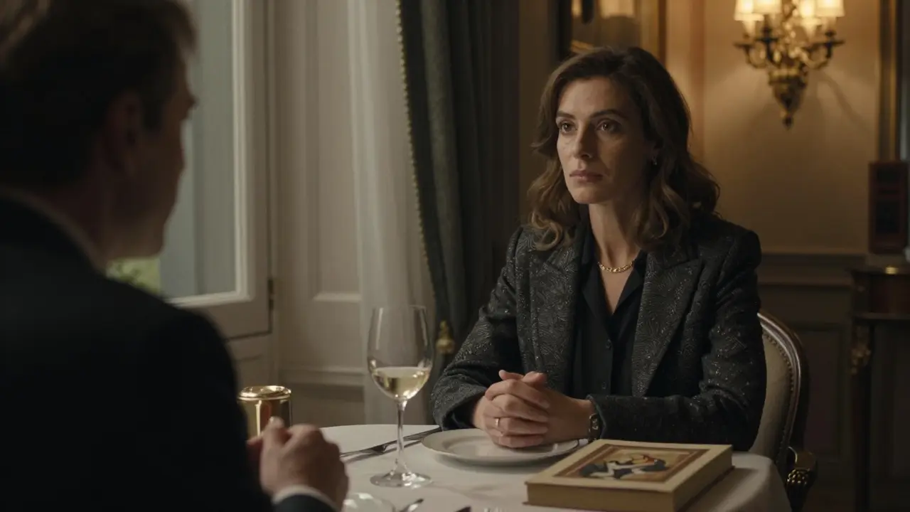 A high-class companion sits calmly at a fine dining table, attentively present beside a client in a luxurious Milanese restaurant.