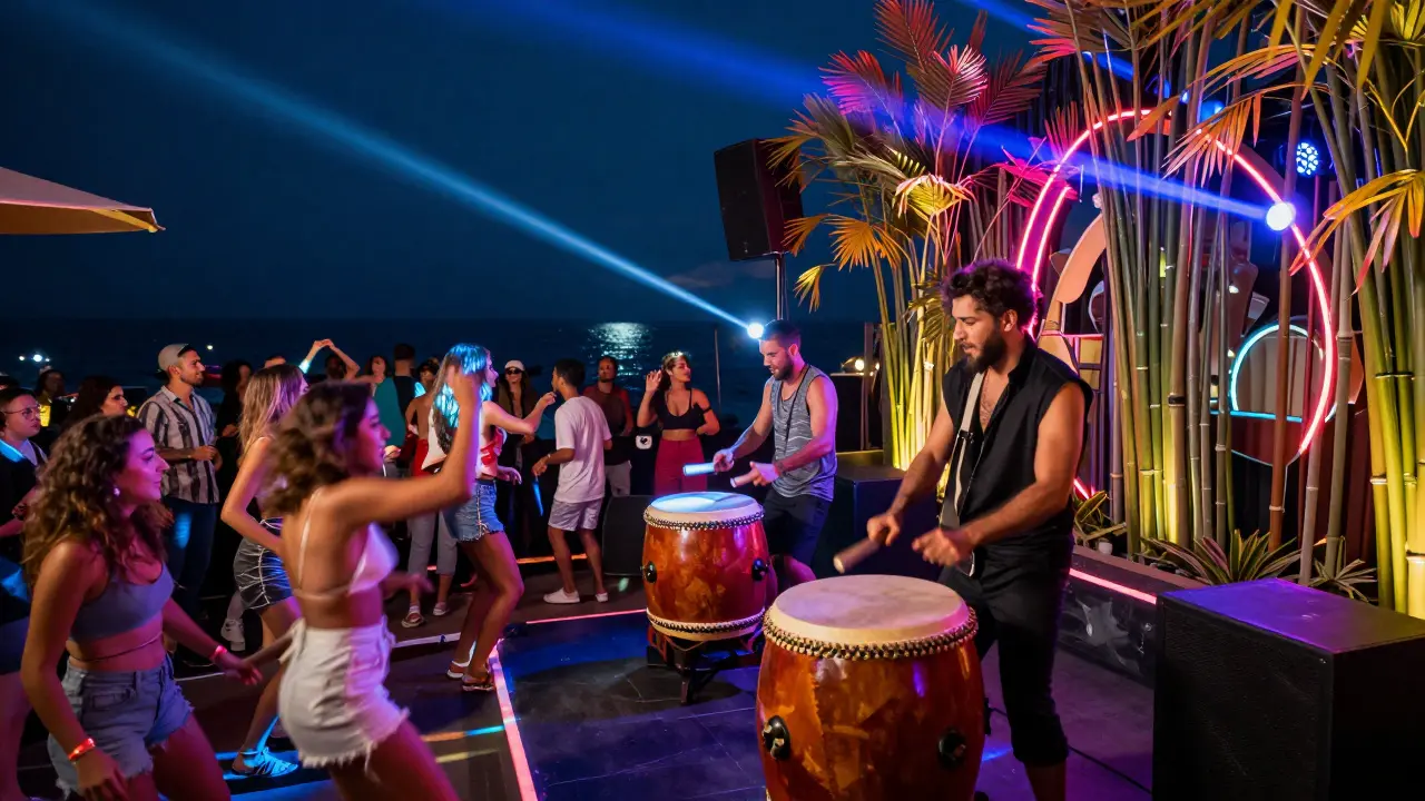 A lively nightclub with live drummers and neon decor as a diverse crowd dances under pulsing lights.