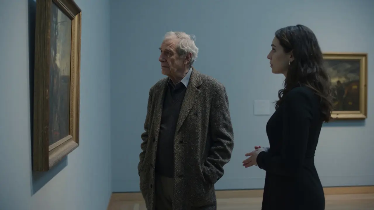 A retired professor and an escort stand side by side in a gallery, sharing a silent moment before a painting.