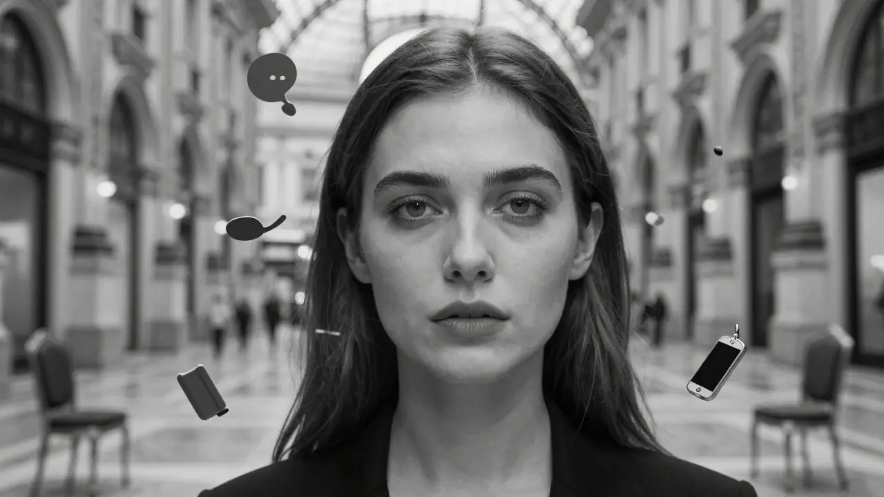 A woman's face is half mirrored, reflecting Milan's grandeur while revealing her quiet, unguarded eyes in a symbolic portrait.