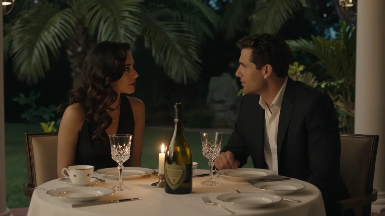 A woman listens intently to a man at a candlelit dinner in a private villa, conveying deep emotional connection without physical contact.