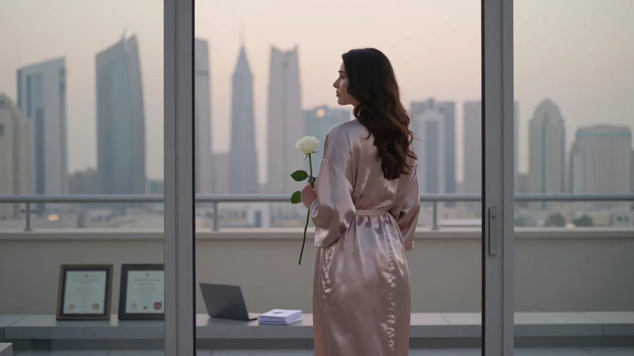 A woman stands alone on a rooftop at dawn, holding a white rose, surrounded by signs of intellect and quiet independence.
