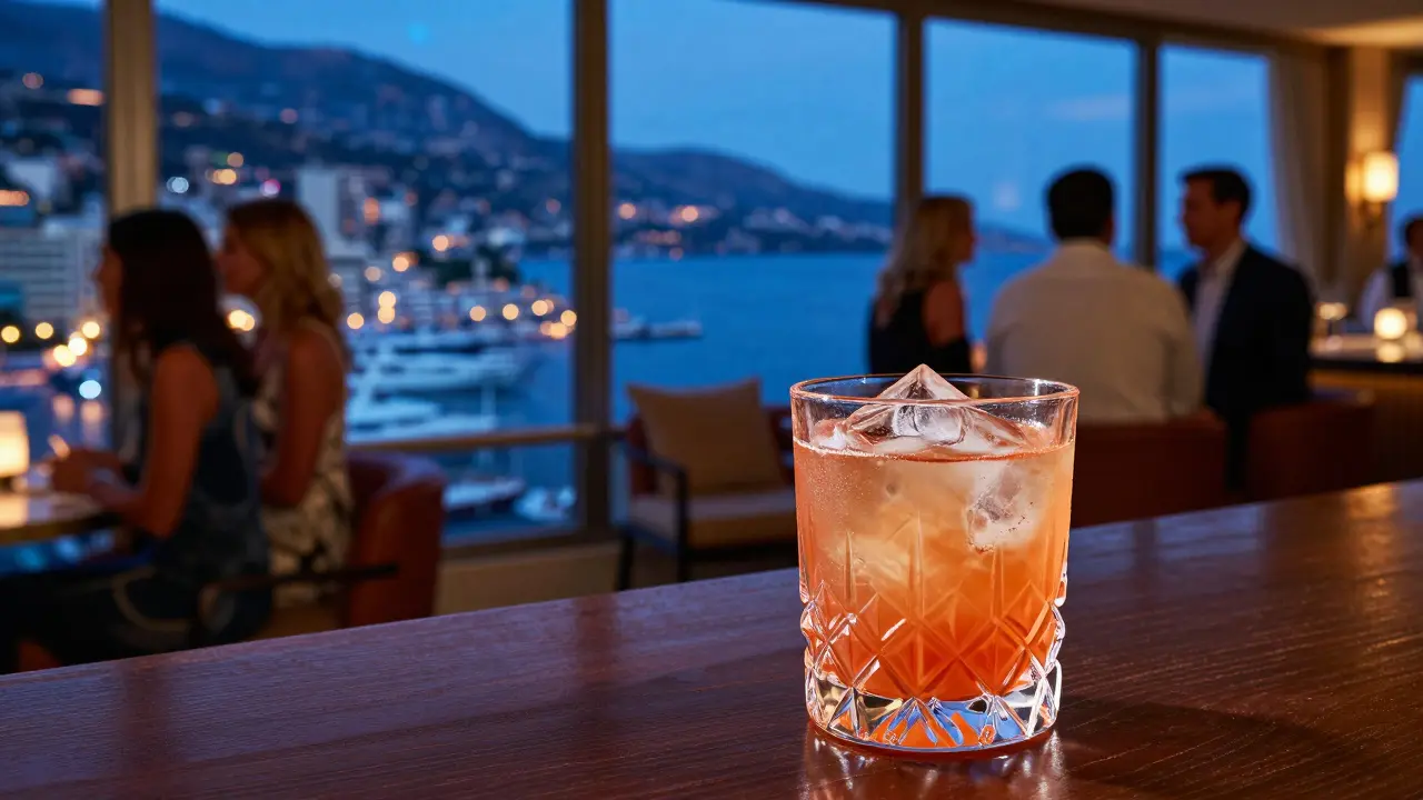 Artisanal cocktail on bar counter overlooking Monaco harbor lights