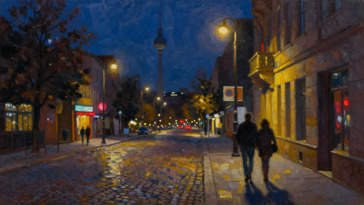 Artistic painting of Berlin streets at night with landmarks.