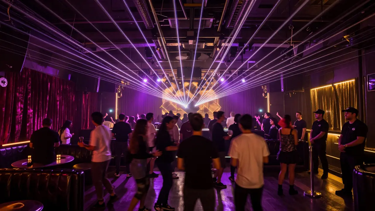 Crowd dancing in a dark nightclub illuminated by vibrant purple and gold laser lights.