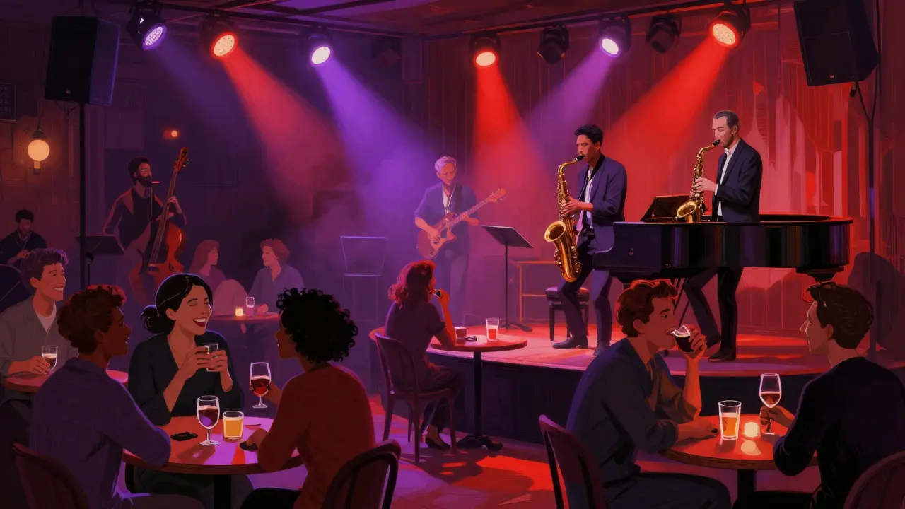 Crowd enjoying live jazz music in a dimly lit Montmartre club.