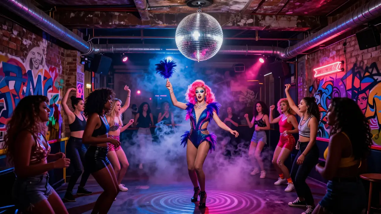 Diverse crowd dancing wildly at Stag club under neon lights and a spinning disco ball.