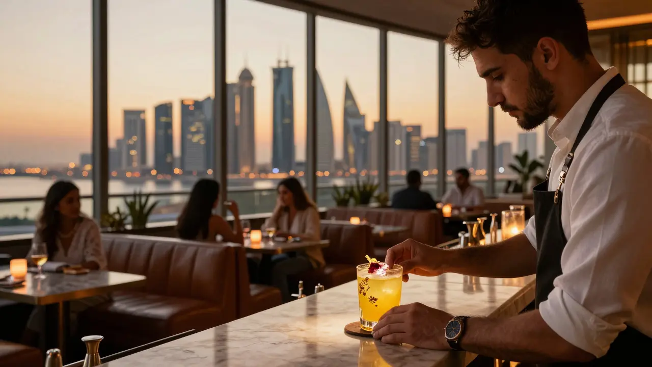 Elegant rooftop bar at sunset with mixologist crafting a golden cocktail and city lights in the background.
