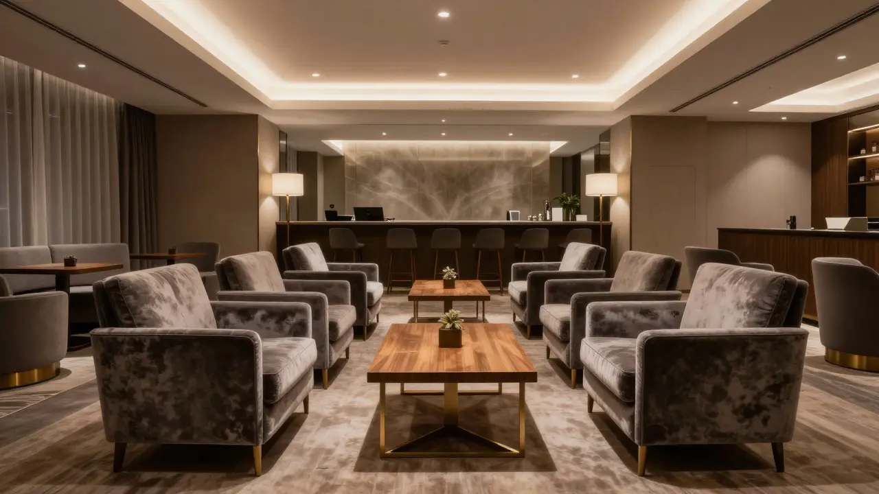 Empty luxury lounge with velvet chairs and warm lighting.