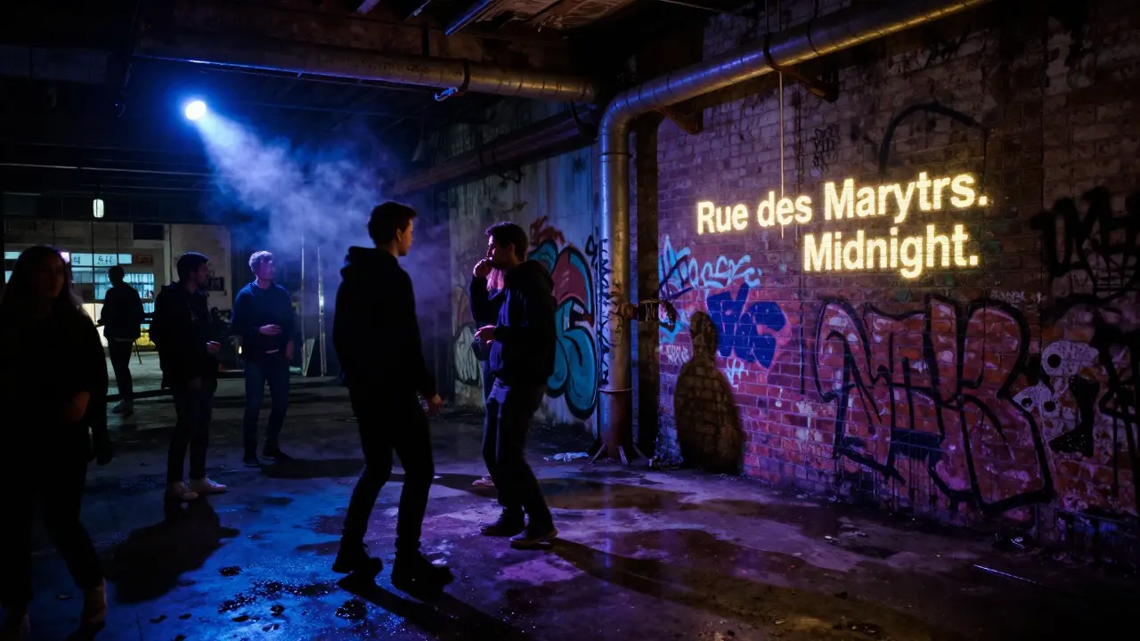 Hidden 1990s warehouse party in Paris, dancers illuminated by strobe light amid graffiti and steam.