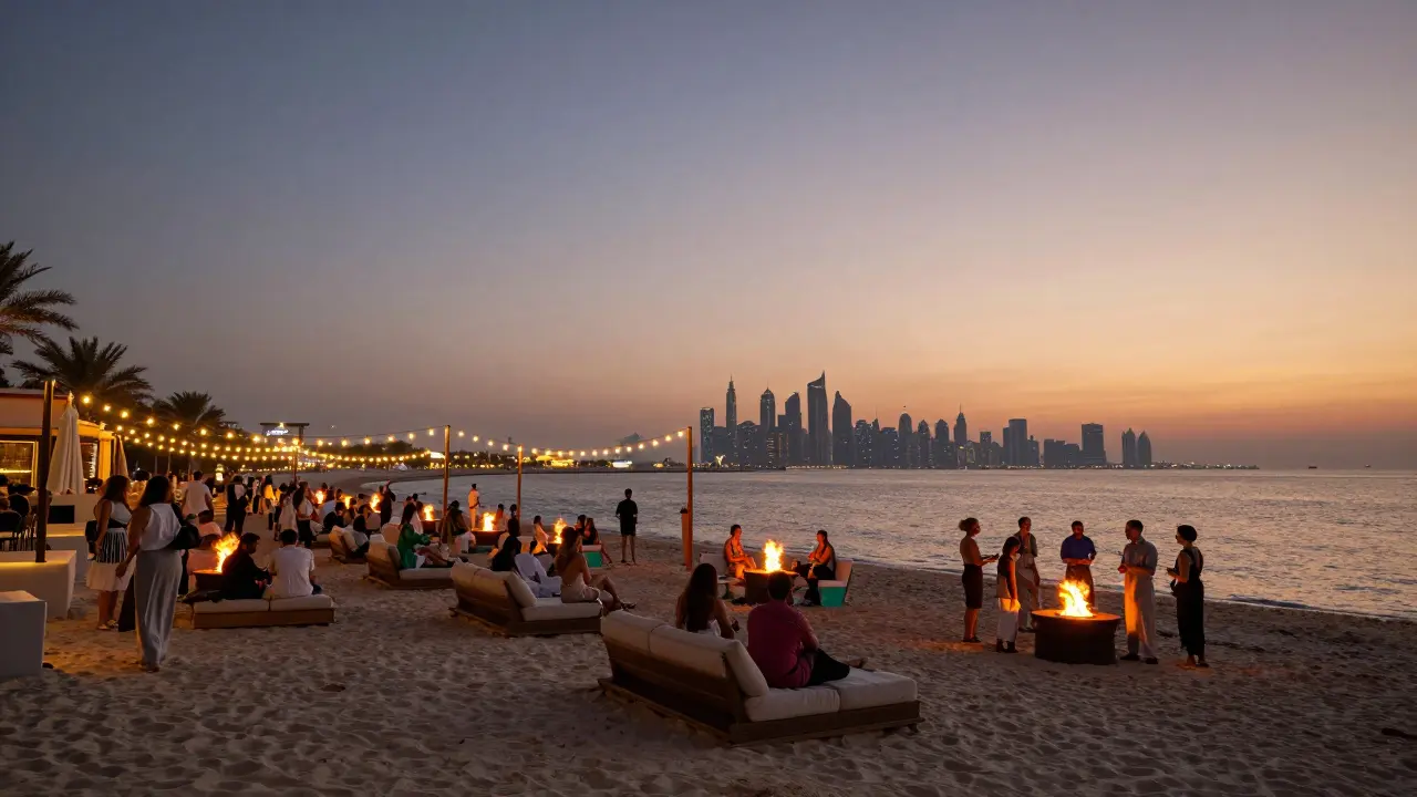 La Mer beach transitioning from sunset to nightlife with fire pits, poolside guests, and Dubai’s skyline glowing in distance.