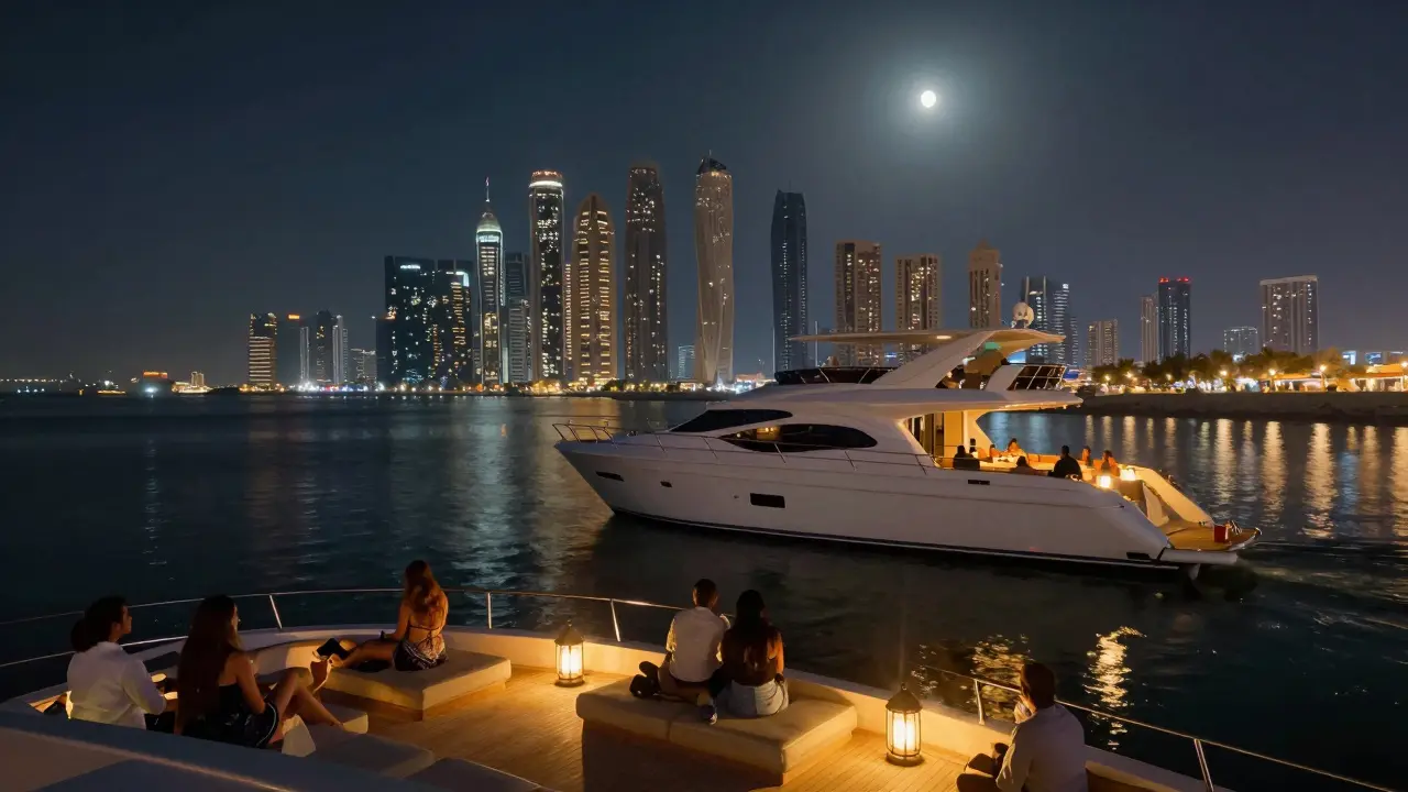 Passengers enjoying a private yacht party on water reflecting city lights at night.