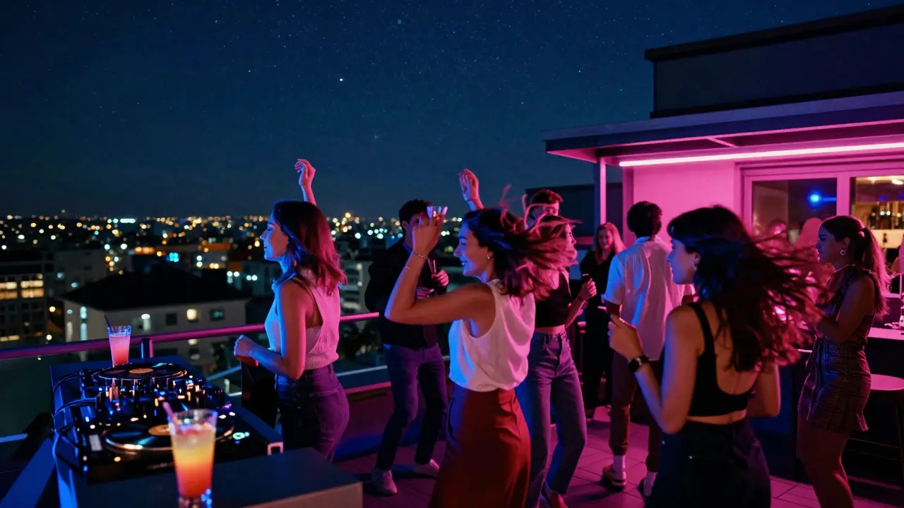 People dancing on a rooftop club in Milan under a starry sky with city lights glowing below and neon reflections.