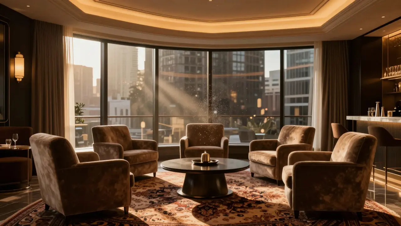 Private VIP lounge with warm lighting and plush seating arranged with space between chairs