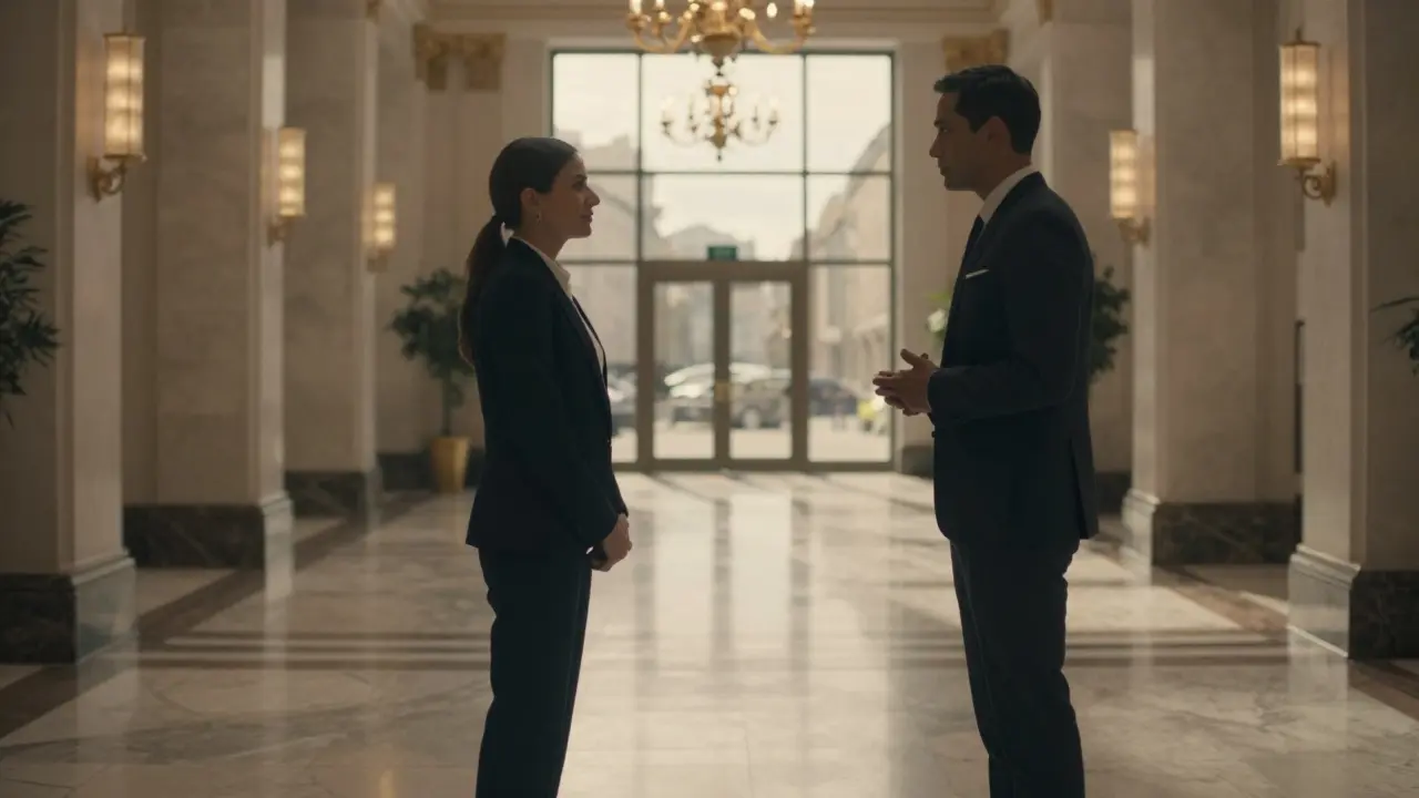 Professional greeting in a luxury hotel lobby.