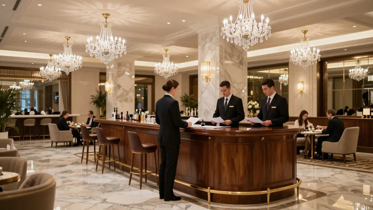 Professional hotel concierge and guests in a secure luxury lobby setting.