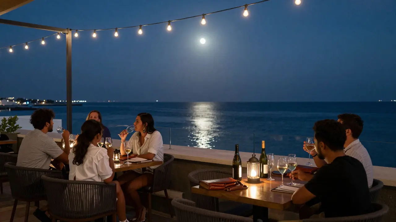 Quiet rooftop wine terrace under moonlight with guests sipping wine and overlooking the Persian Gulf.
