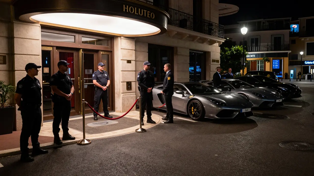 Security staff at velvet rope entrance of exclusive Monaco club