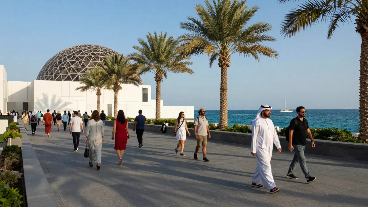 Tourists visiting Louvre Abu Dhabi waterfront wearing modest clothing during day.