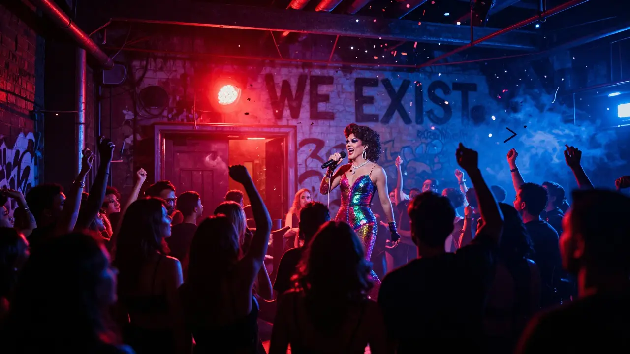 Trans Pride after-party at Wicked with a radiant performer and hundreds dancing in crimson light.