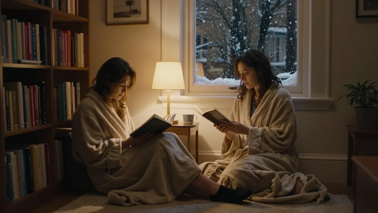 Two people sit in quiet companionship in a book-filled London apartment, one reading, the other resting peacefully.