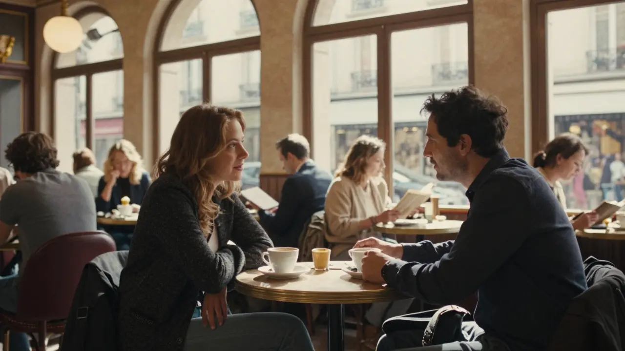 Two people talking safely at a Parisian cafe table during daytime.